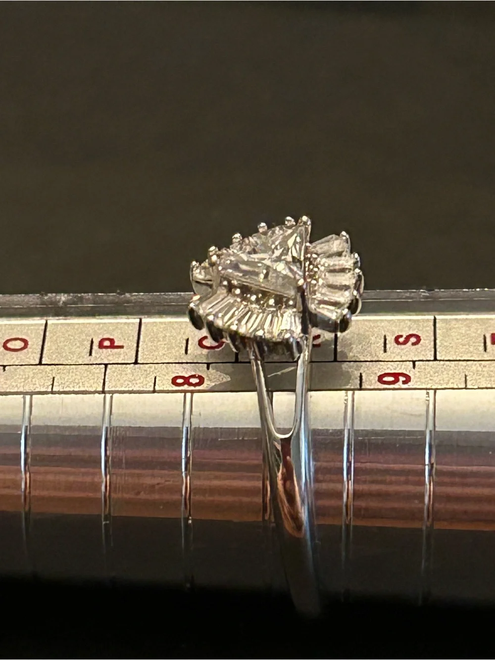 Triangular & Baguette Cut Halo Moissanite Ring in Sterling Silver Size 8.50